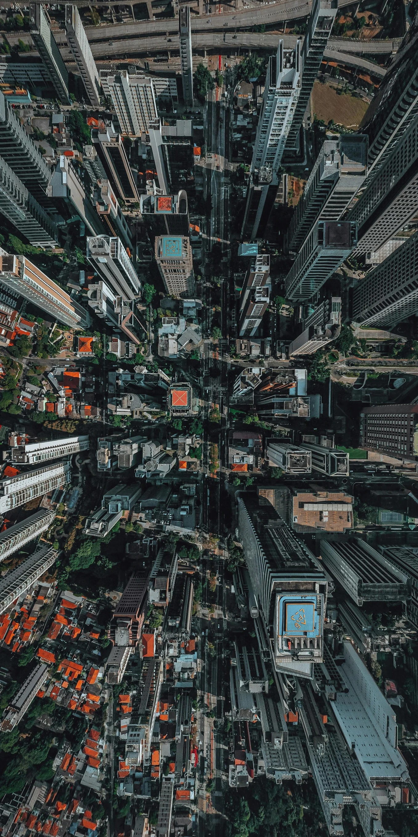 an aerial view of a city with tall buildings, an album cover, by Patrick Ching, unsplash contest winner, highly microdetailed, show from below, instagram post, overgrown city