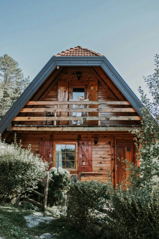 a wooden cabin sitting on top of a lush green hillside, a picture, by Matija Jama, unsplash, square, luxurious wooden cottage, french village exterior, full front view
