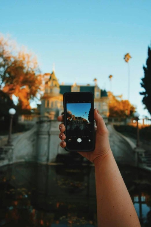 a person taking a picture with a cell phone, palace floating in the sky, with palm trees in the back, fall season, aesthetic!