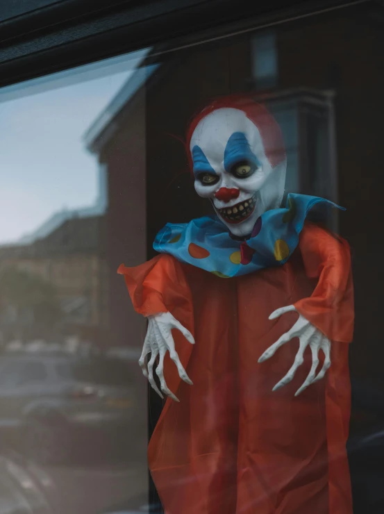 a creepy clown standing in the window of a store, a cartoon, pexels contest winner, pvc poseable, clenching, profile image, medium closeup