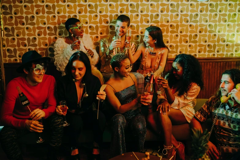 a group of people sitting on top of a couch, by Julia Pishtar, trending on pexels, renaissance, drinking their hearts out, lesbian, “diamonds, dark-skinned