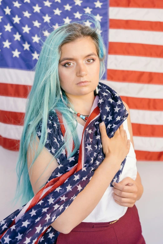 a woman with blue hair standing in front of an american flag, inspired by Elsa Bleda, trending on reddit, portrait of white teenage girl, high quality photo, devastated, slide show