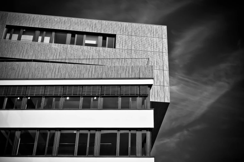 a black and white photo of a building, by Matthias Weischer, medical research facility, tectonic sky, high quality image, high details photo