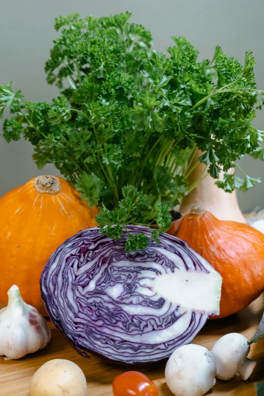 a bunch of vegetables sitting on top of a cutting board, renaissance, purple foliage, cream of the crop, pumpkin, full product shot