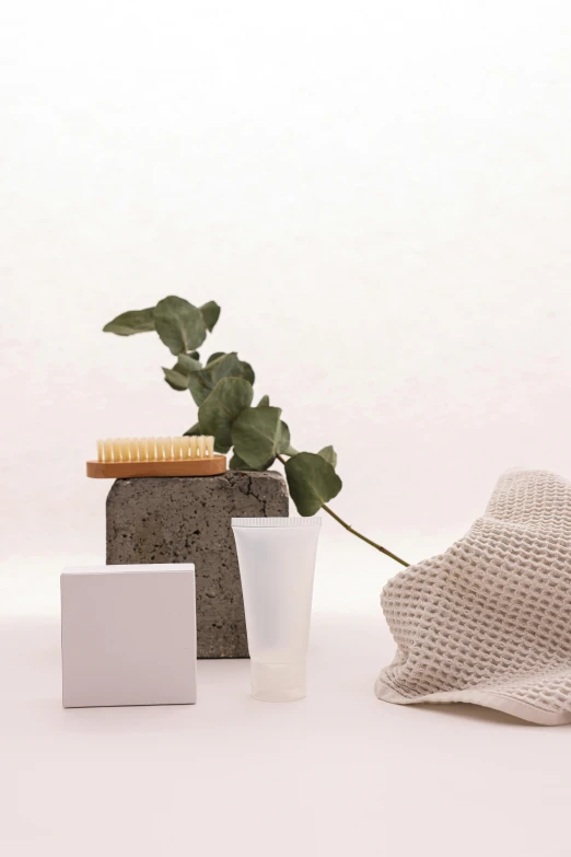 a towel sitting on top of a table next to a potted plant, a still life, products shot, white backdrop, soap, architectural