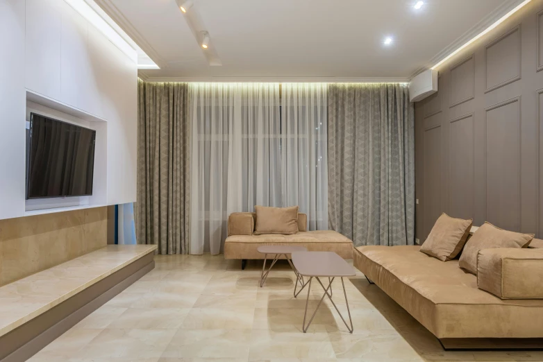 a living room filled with furniture and a flat screen tv, by Alexander Fedosav, pexels contest winner, light and space, tiles curtains, beige, neo kyiv, extremely clean lines