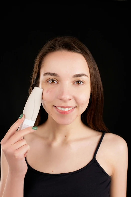 a woman holding a toothbrush in one hand and a toothbrush in the other, by Matthias Stom, happening, pronounced facial contouring, skin made of led point lights, detailed product image, square nose