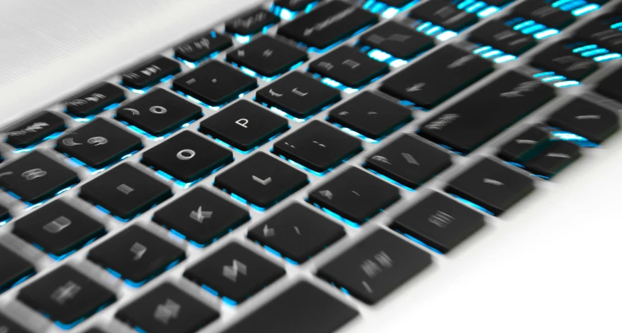 a close up of a black and blue keyboard, a computer rendering, by Julian Allen, add a glow around subj. edge, aluminium, laptop, glossy white metal