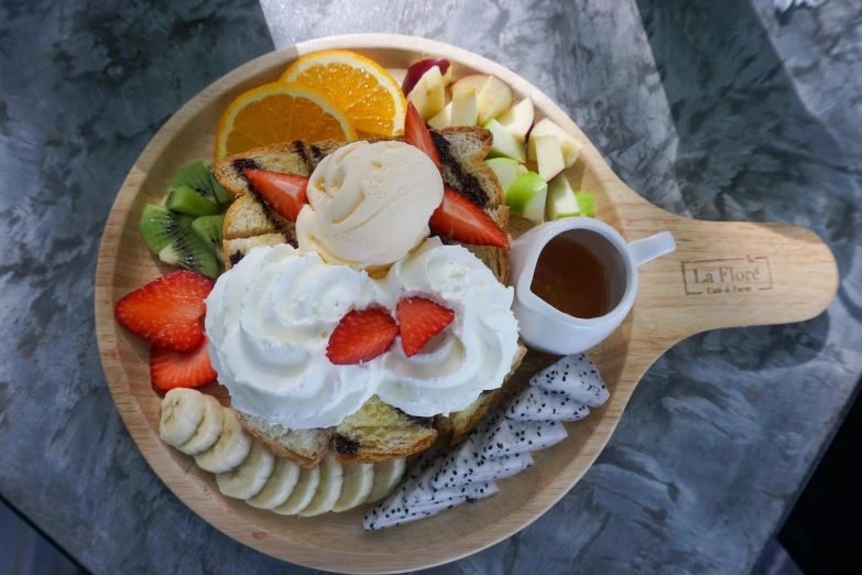 a close up of a plate of food on a table, fruits in a basket, whipped cream, jakarta, 🎀 🧟 🍓 🧚