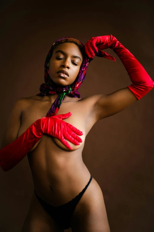 a naked woman wearing red gloves and a scarf, shutterstock contest winner, maria borges, breasts covered and sfw, 2 4 year old female model, 5 0 0 px models