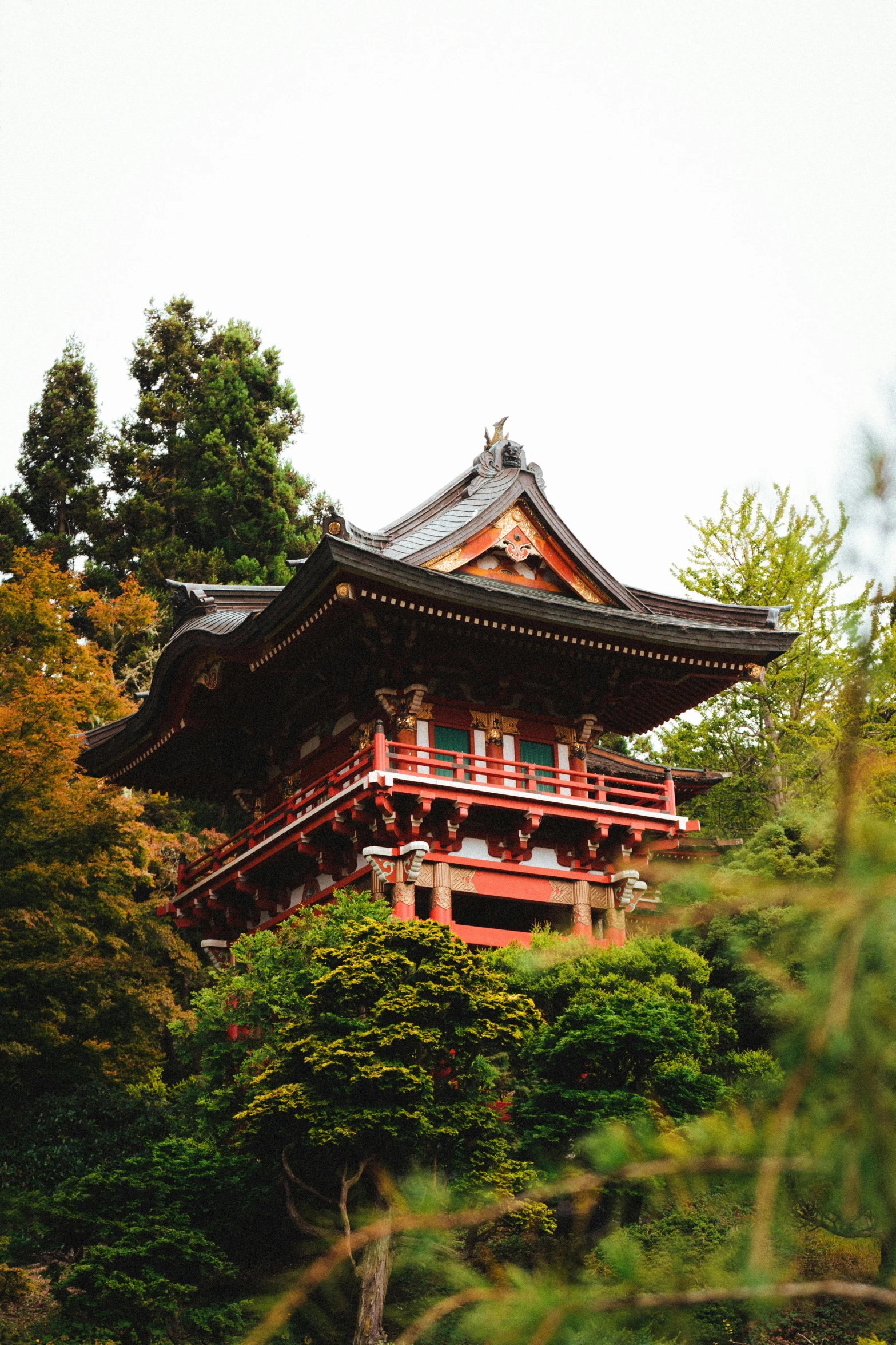 a pagoda sitting on top of a lush green hillside, inspired by Itō Jakuchū, unsplash, san francisco, elaborate carved wood balconies, colorful architecture, 2000s photo