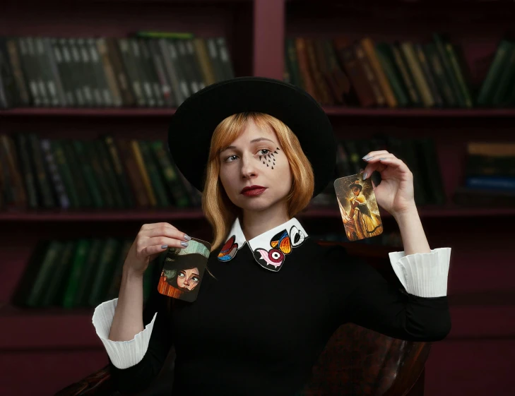 a woman sitting in a chair holding a glass, a character portrait, by Julia Pishtar, unsplash, dressed as a western sheriff, wizard shuffling cards, better known as amouranth, wearing several pendants