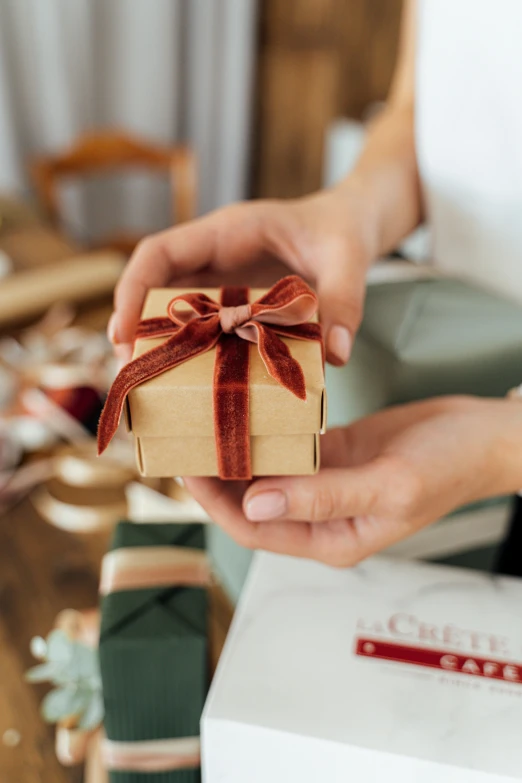 a close up of a person holding a gift box, renaissance, square, ballard, tan, small