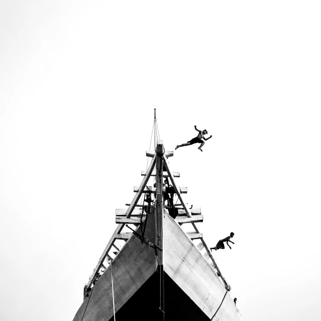 a black and white photo of a man diving off a boat, by Matthias Weischer, pexels contest winner, minimalism, with anchor man and woman, on aircraft carrier, on white background, angular minimalism