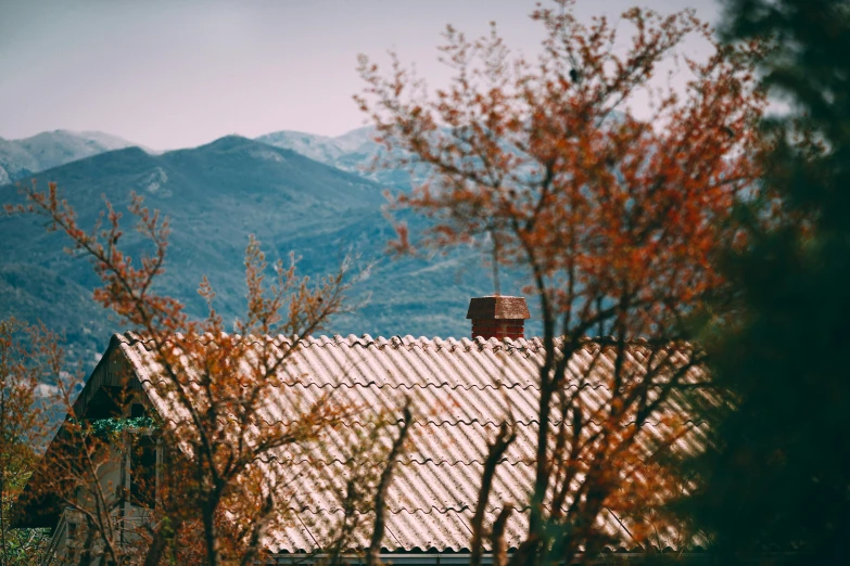 a house surrounded by trees with mountains in the background, inspired by Elsa Bleda, pexels contest winner, les nabis, roofs, new mexico, vintage color, late autumn