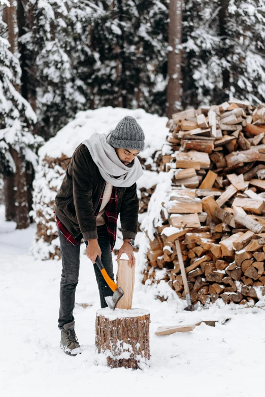 a man chopping wood with an ax ax ax ax ax ax ax ax ax ax ax ax ax ax ax ax ax ax ax ax ax, a photo, by Julia Pishtar, pexels contest winner, winter wonderland, modern rustic, designed for cozy aesthetics!, gif