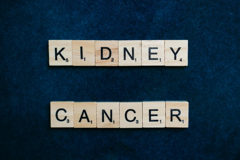 two scrabbles spelling kidney cancer on a blue background, an album cover, background image, high angle close up shot, a wooden, panels