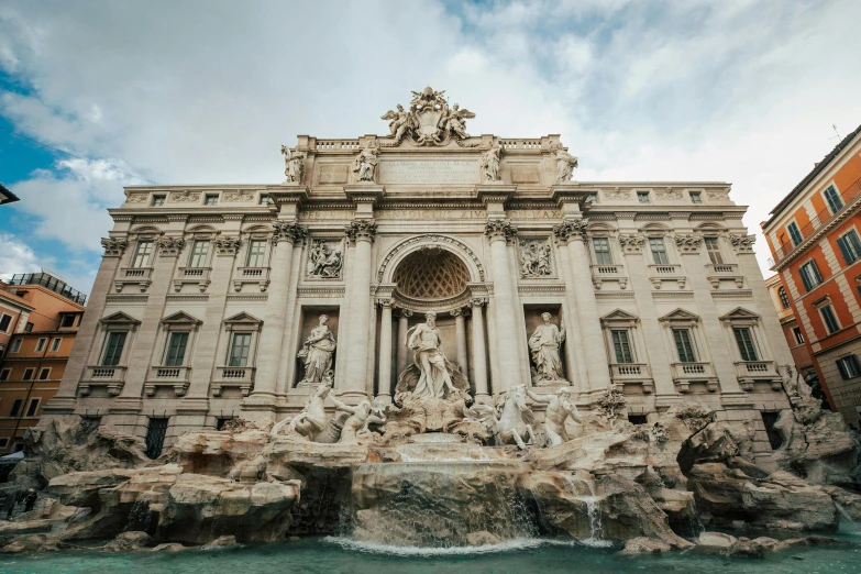 the trevi fountain in rome, italy, pexels contest winner, neoclassicism, thumbnail, front facing the camera, draped with water and spines, high quality product image”