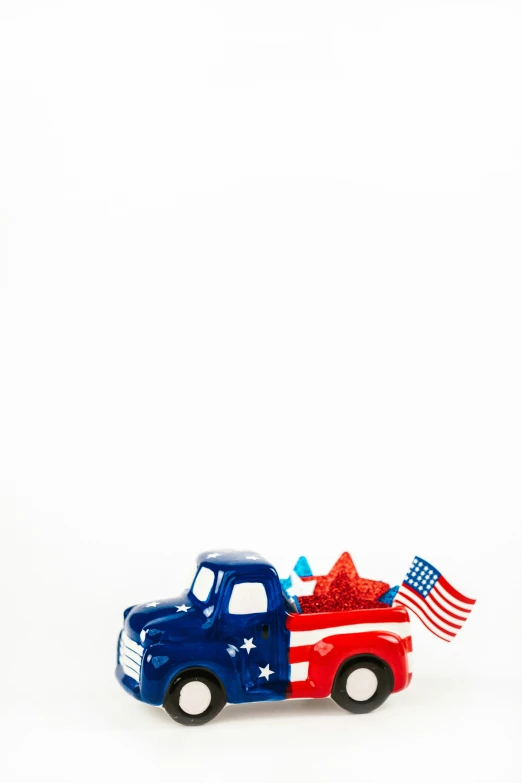 a red, white and blue truck with a flag on the back, an album cover, unsplash, ceramics, 15081959 21121991 01012000 4k, on white background, hero shot