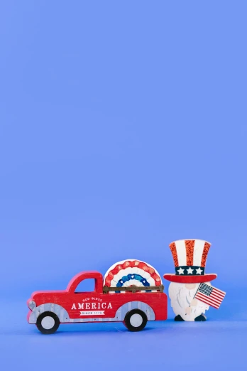 a toy truck with an american flag on top of it, a portrait, shutterstock contest winner, uncle sam, little, pastel', can