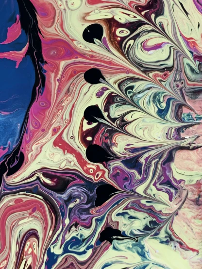 a close up of a painting with a blue sky in the background, inspired by Shōzō Shimamoto, trending on pexels, generative art, marbled swirls, detailed photo of an album cover, dark psychedelia style, pouring