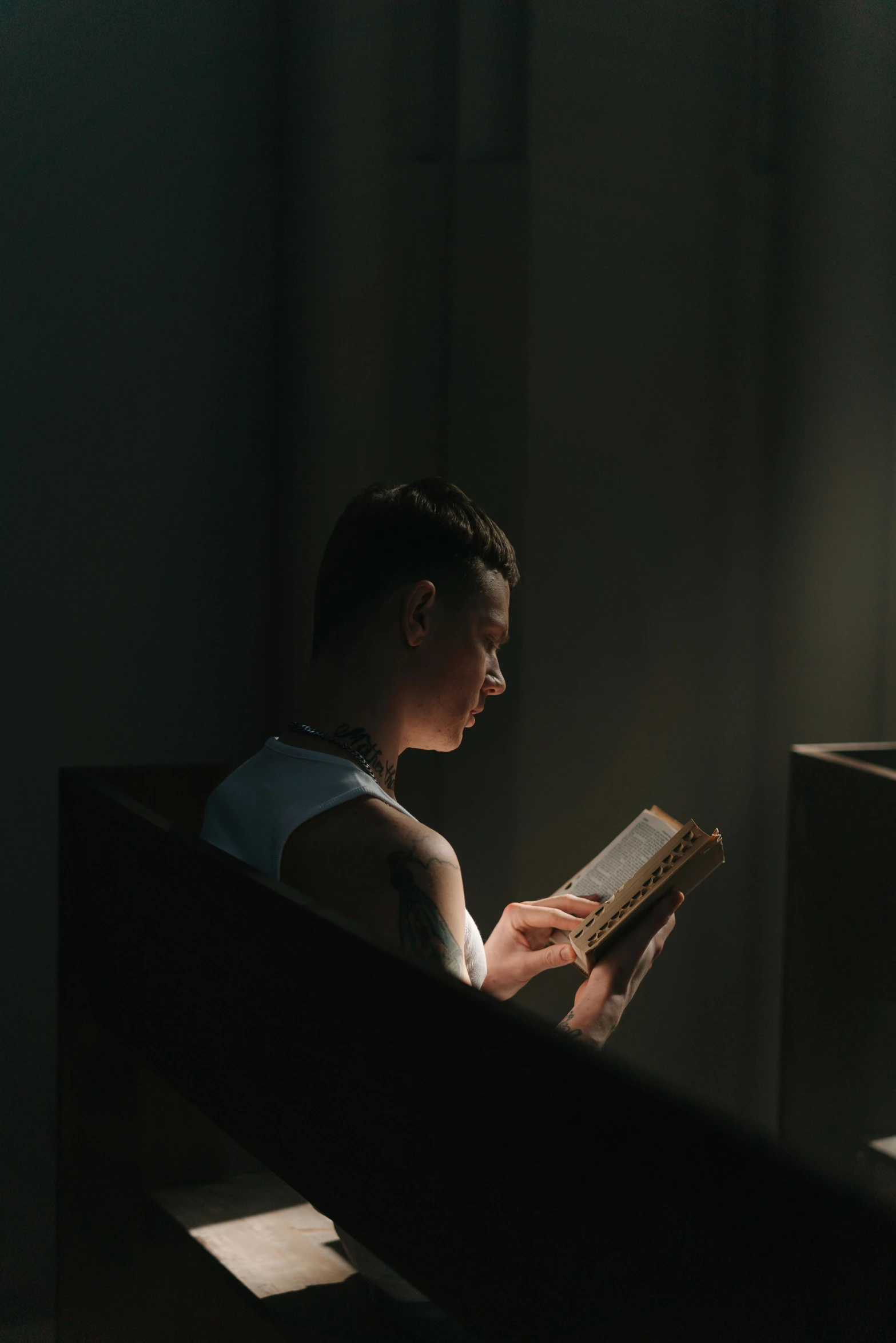 a person sitting on a bench reading a book, a portrait, by Eglon van der Neer, pexels, bisexual lighting, religious, gif, low light room