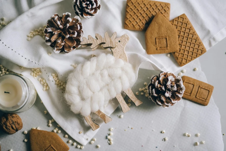 a sheep sitting on top of a table next to cookies, trending on pexels, folk art, pinecone, lots of white cotton, close-up product photo, thumbnail