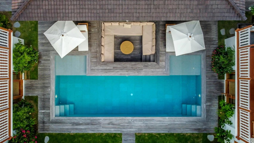 an aerial view of a house with a swimming pool, by Julian Allen, infinity concentric pool, symmetry face, bali, ultra wide