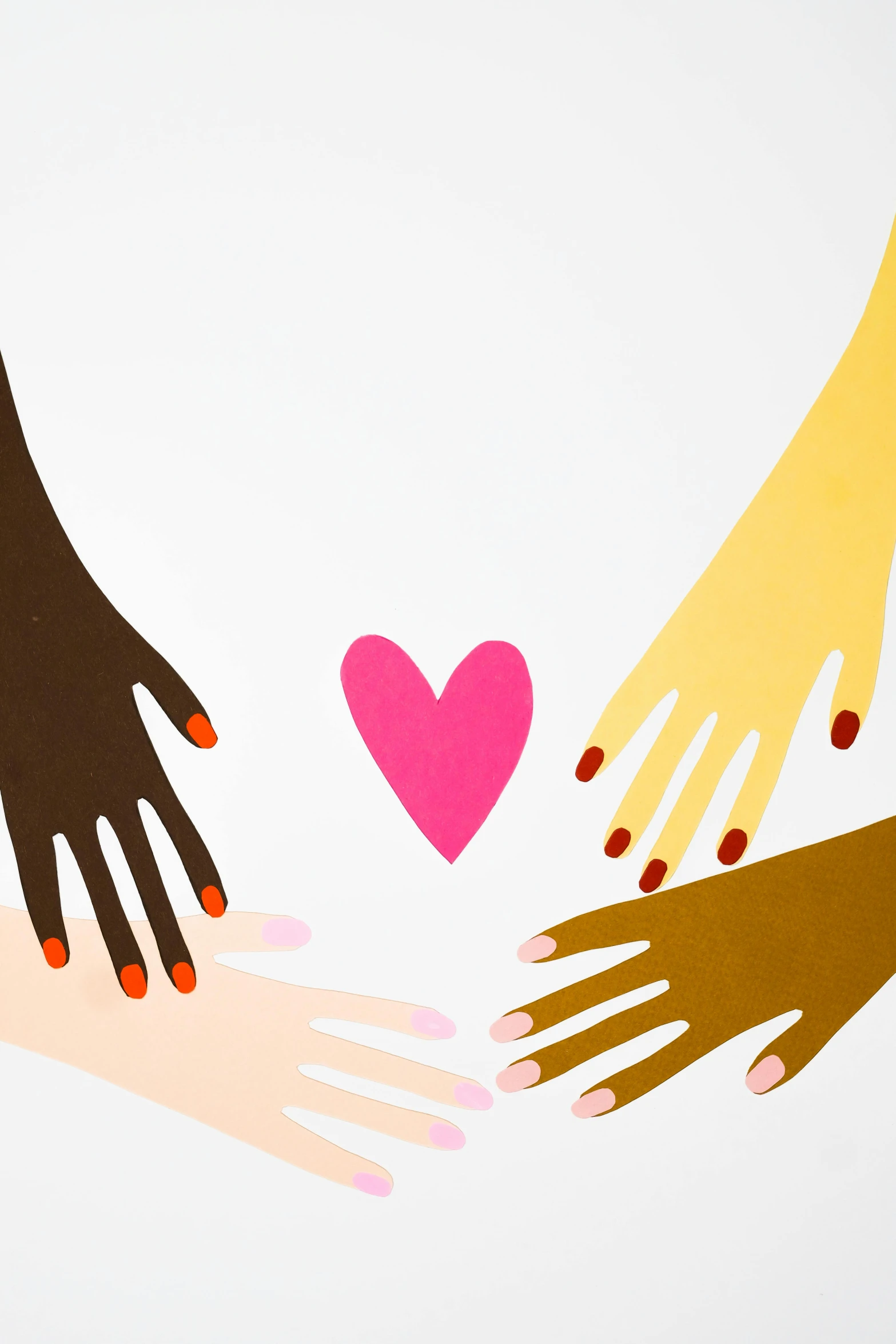 a group of hands reaching for a heart, a cartoon, by Arabella Rankin, trending on pexels, feminist art, brown and pink color scheme, panel of black, paul rand, mixed race