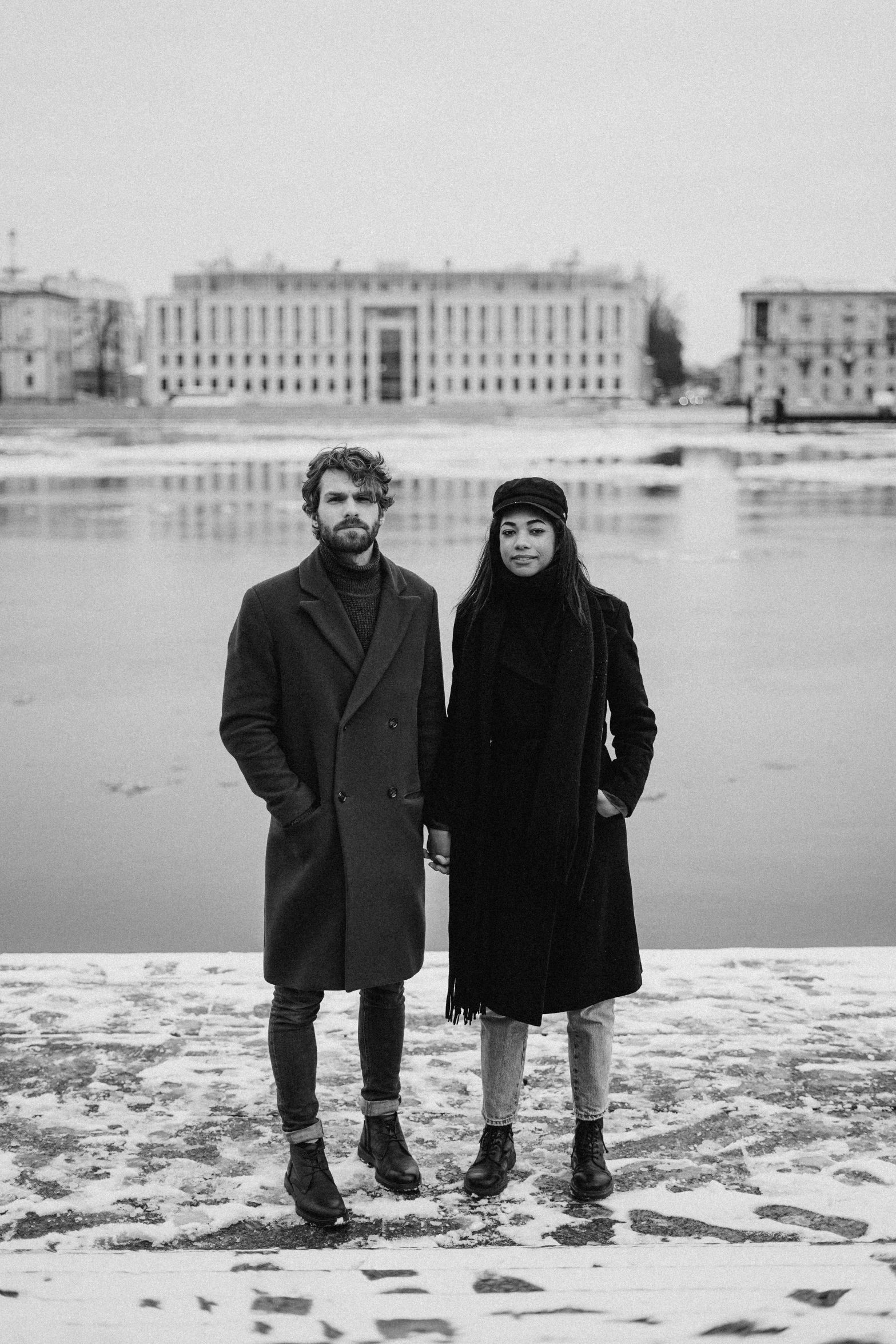 a man and a woman standing next to each other, a black and white photo, by Vadym Meller, square, dmitry mazurkevich, a cold, 15081959 21121991 01012000 4k