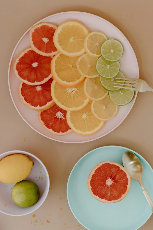 a white plate topped with sliced oranges and limes, by Carey Morris, sliced grapefruit, a brightly colored, place setting, color footage