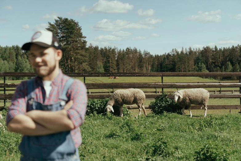 a man standing in front of a herd of sheep, a photo, by Jan Tengnagel, tarmo juhola, gardening, cinematic still frame, kacper niepokolczycki