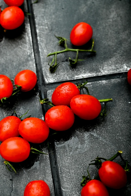 a bunch of tomatoes sitting on top of a table, slate, walking down, carefully crafted, subtle detailing