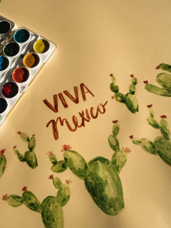 a painting of a cactus with the words viva mexico painted on it, a watercolor painting, pexels contest winner, detail shot, ((water color)), sitting on a mocha-colored table, studio junio color palette