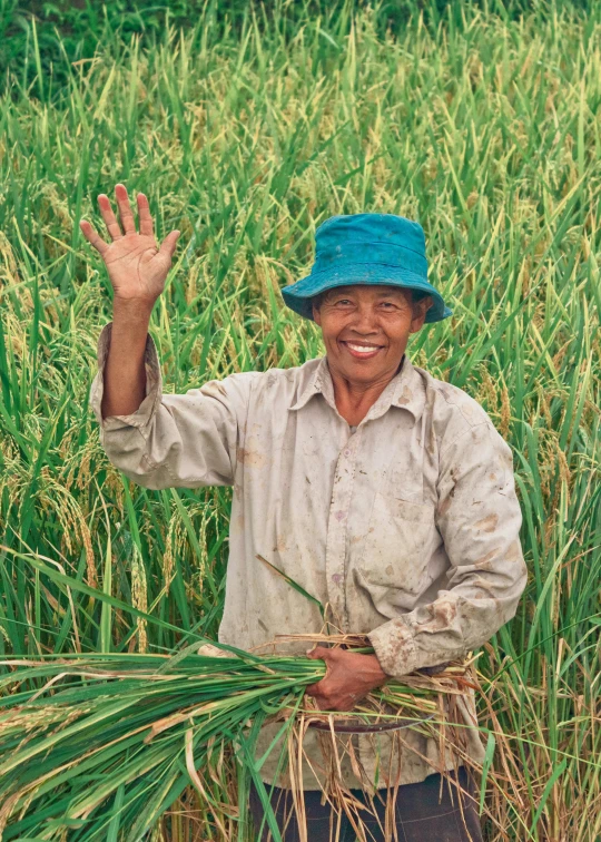 a man that is standing in a field of grass, inspired by Ruth Jên, sumatraism, waving and smiling, vietnamese woman, farming, colour photograph