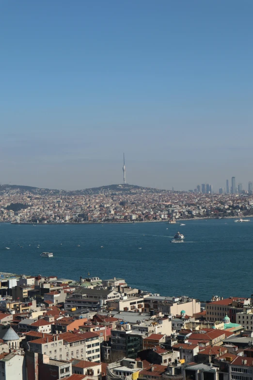 a view of a city and a body of water, a picture, by Niyazi Selimoglu, gigapixel photo, panoramic, hills, brown