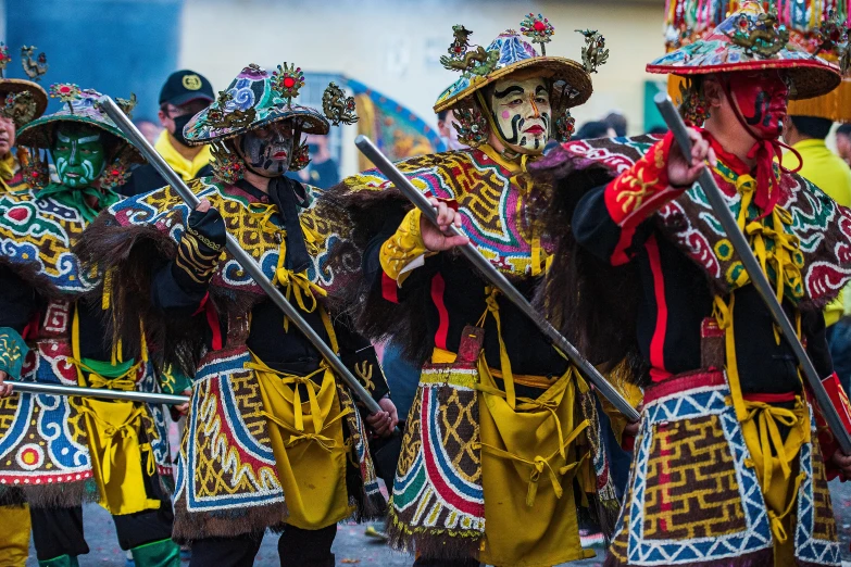a group of people that are standing in the street, pexels contest winner, cloisonnism, elaborate costume, avatar image, peruvian, chinese warrior