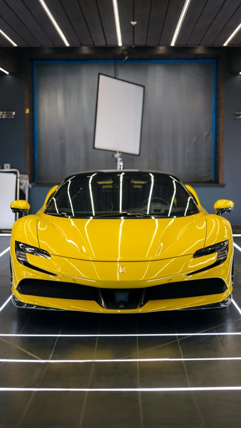 a yellow sports car parked in a showroom, inspired by Bernardo Cavallino, pexels contest winner, renaissance, square, f50, glossy shiny reflective, f 2 2