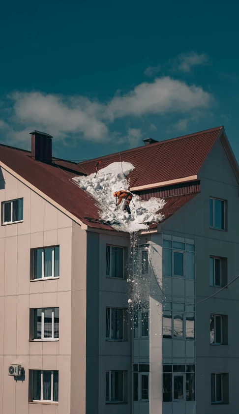 a man riding skis on top of a snow covered slope, an album cover, inspired by Mike Winkelmann, pexels contest winner, photorealism, firing it into a building, water damage, yung lean, neighborhood