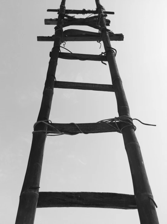 a black and white photo of a wooden ladder, by Slava Raškaj, conceptual art, cane, ilustration, 1999 photograph, sunny sky