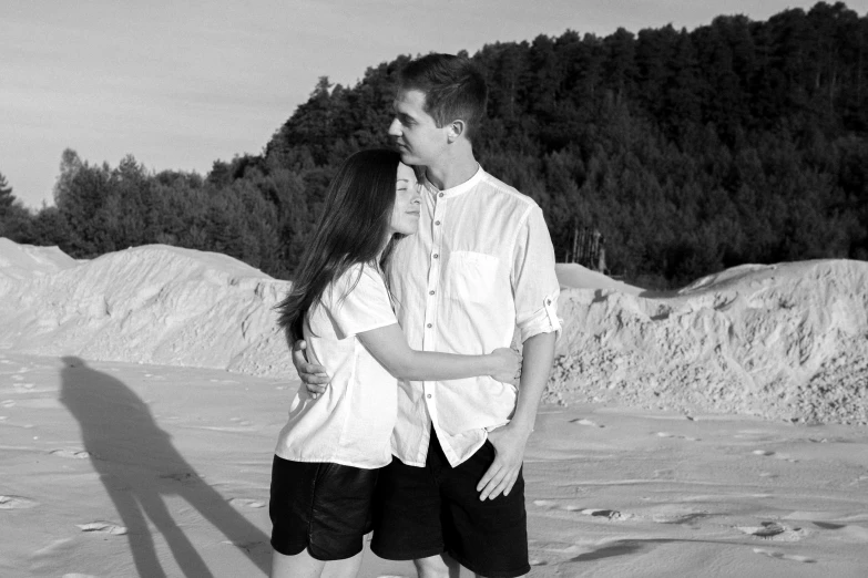 a man and woman standing next to each other on a beach, a black and white photo, by Jan Rustem, boy and girl, greg rutkowski ruan jia, they are in love, professional detailed photo