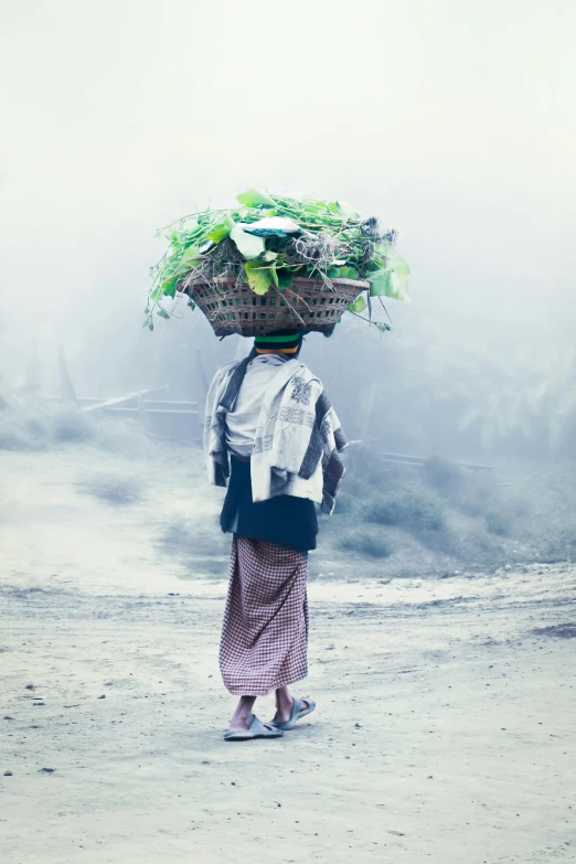 a woman walking down a dirt road with a basket on her head, a colorized photo, pexels contest winner, sumatraism, smog, grey vegetables, merchants, made of leaves