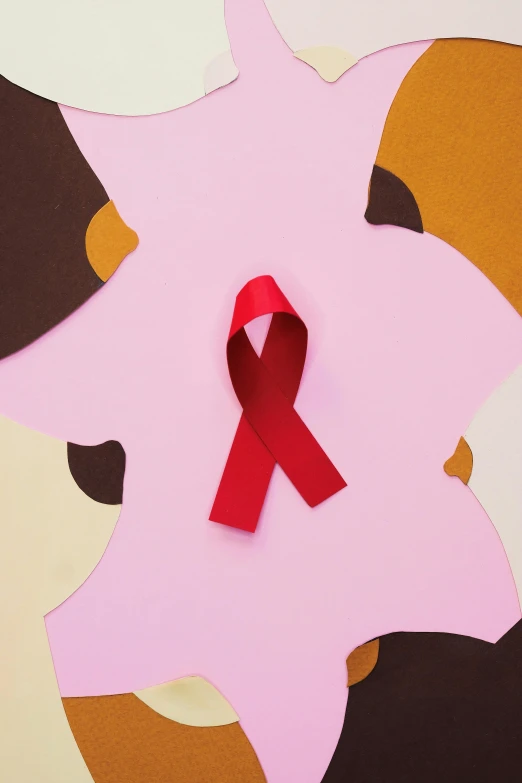 a piece of paper with a red ribbon on it, a cartoon, inspired by Jean Arp, pexels, brown and pink color scheme, disease, panel, knee
