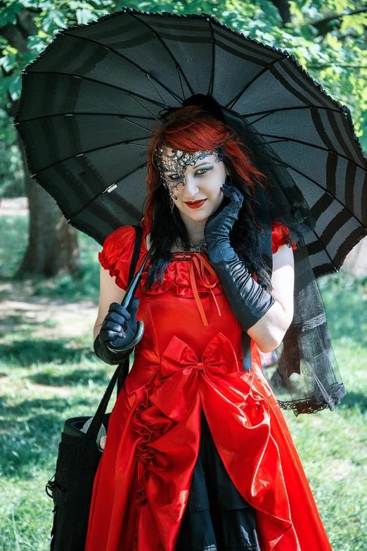 a woman in a red dress holding an umbrella, inspired by Louis Grell, pixabay contest winner, gothic art, cybergoth, slide show, cosplay photo, sardax
