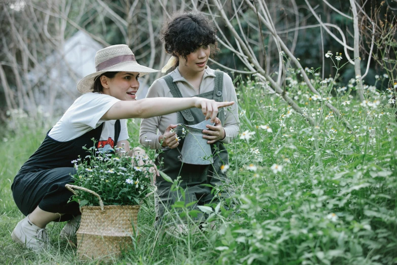 a couple of people that are in the grass, unsplash, naturalism, in a cottagecore flower garden, japanesse farmer, avatar image