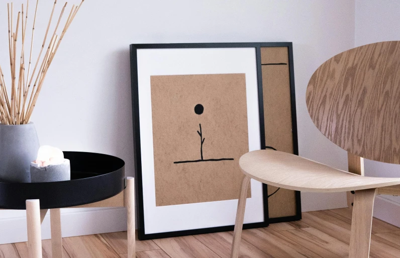 a chair sitting next to a table on top of a hard wood floor, a minimalist painting, inspired by Josse Lieferinxe, unsplash, stick figures, willowy frame, dot art on paper, high resolution product photo