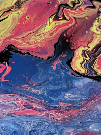 a close up of a liquid painting on a surface, inspired by Yanjun Cheng, trending on pexels, abstract album cover, ilustration, psychedelia, black and yellow and red scheme