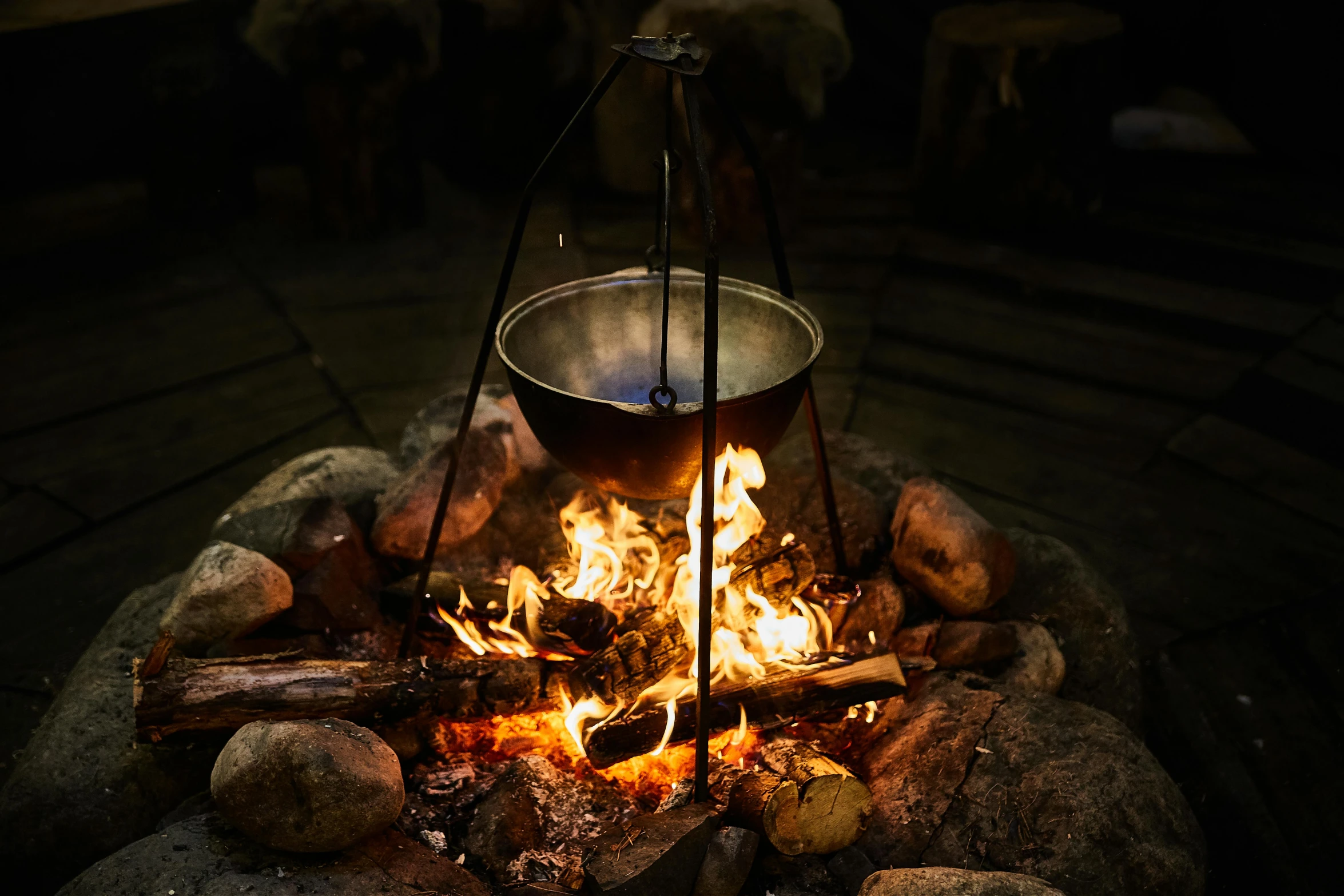 a pot sitting on top of a fire pit, pexels contest winner, renaissance, cooking it up, paul barson, brown, thumbnail