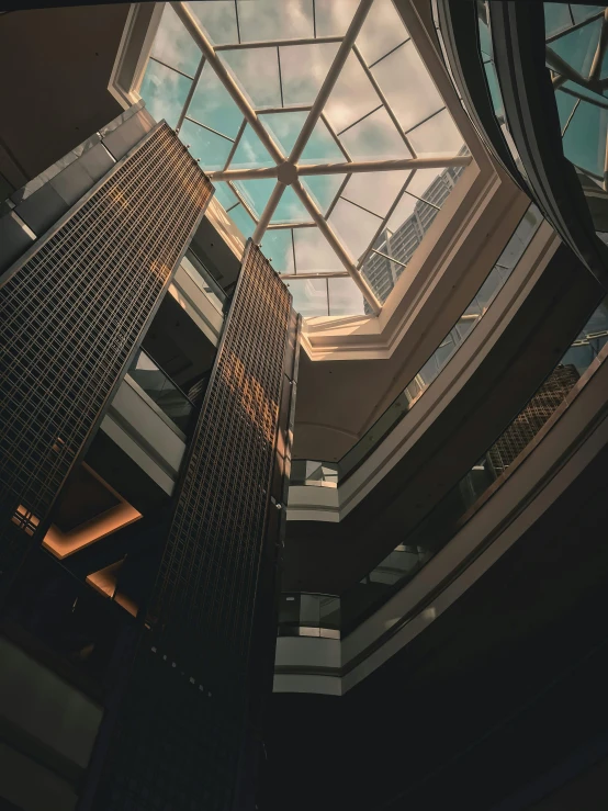 a very tall building with a skylight above it, unsplash contest winner, honeycomb halls, dark academia aesthetic, interior view, buildings photorealism