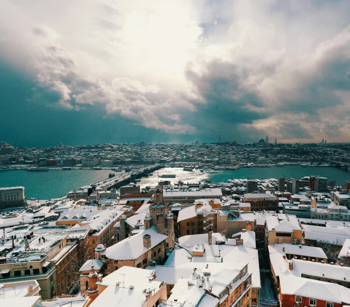 an aerial view of a city covered in snow, pexels contest winner, hurufiyya, fallout style istanbul, with dramatic sky, 4k image”, brown